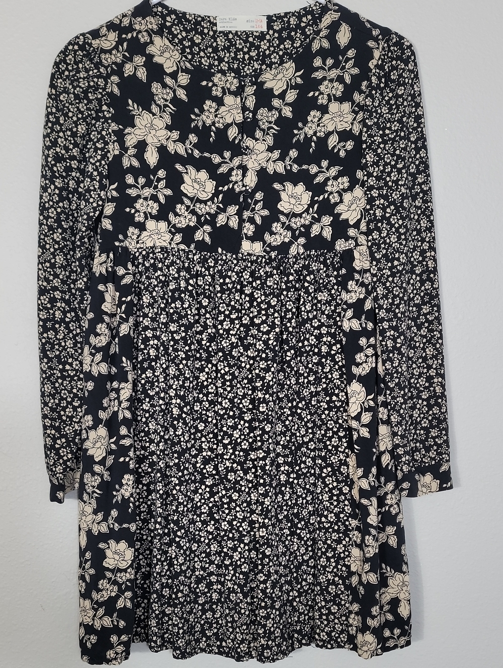 Zara Girls Floral Dress Size 13/14 Black Cream Long Sleeve Viscose Boutique